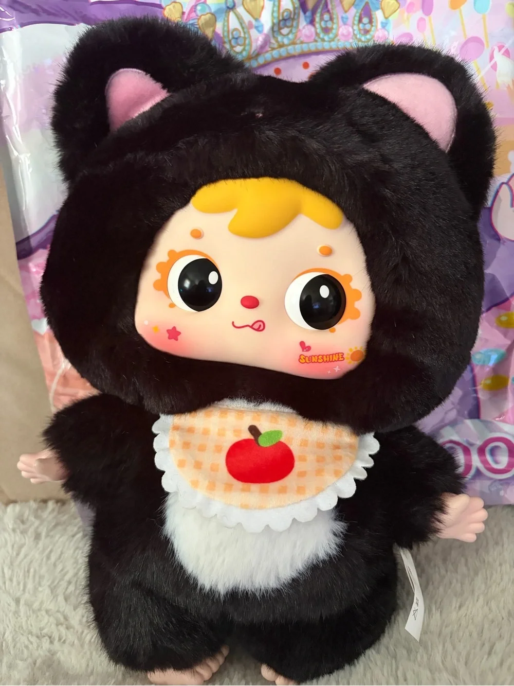 Samuel San Xiao Mao Cat Plush Doll in Black with Apple Bib